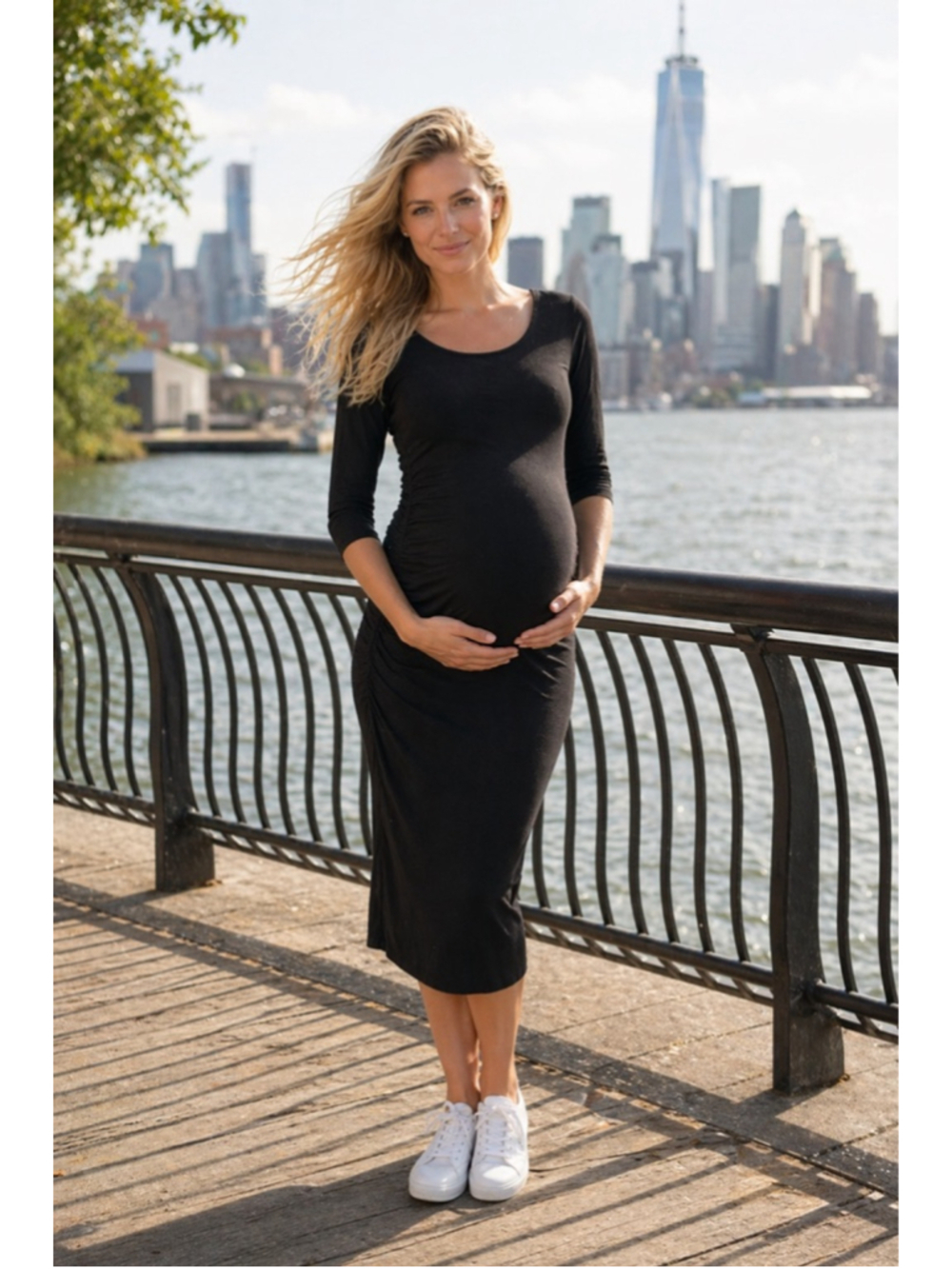Isabel Maternity Black Ruched Bodycon Midi Dress Parisian Quiet Luxury Boho Chic